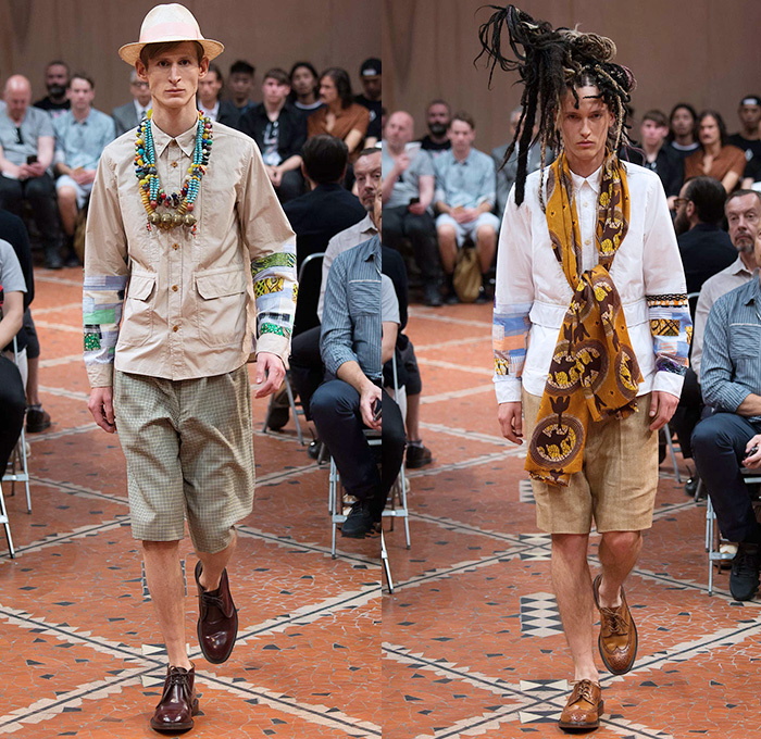 Junya Watanabe 2016 Spring Summer Mens Runway Catwalk Looks - Mode à Paris Fashion Week Mode Masculine France - Faraway African Artifacts Denim Jeans Patchwork Geometric Tribal Ethnic Folk Panama Straw Hat Witch Doctor Vest Waistcoat Tropical Island Fringes Sarong Manskirt Necklace Mix Match Long Sleeve Shirt Embroidery Cloak Poncho Outerwear Blazer Jacket Shorts Scarf Bow Tie Cropped Pants Stripes Stitches Three Button Suit