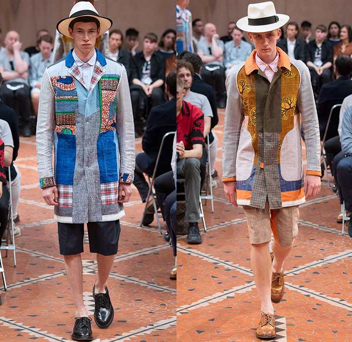 Junya Watanabe 2016 Spring Summer Mens Runway Catwalk Looks - Mode à Paris Fashion Week Mode Masculine France - Faraway African Artifacts Denim Jeans Patchwork Geometric Tribal Ethnic Folk Panama Straw Hat Witch Doctor Vest Waistcoat Tropical Island Fringes Sarong Manskirt Necklace Mix Match Long Sleeve Shirt Embroidery Cloak Poncho Outerwear Blazer Jacket Shorts Scarf Bow Tie Cropped Pants Stripes Stitches Three Button Suit