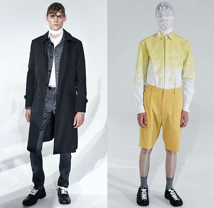 Kenneth Ning 2016 Spring Summer Mens Lookbook Presentation - New York Fashion Week Mens - Denim Jeans Outerwear Trench Coat Parka Suit Double-Breasted Pants Trousers Vest Waistcoat Camouflage Jungle Military Necktie Stripes Blazershirt Shorts Head Wrap Mesh Lace Sleeveless