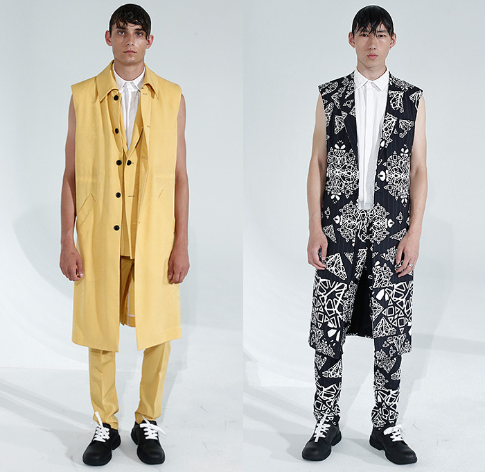 Kenneth Ning 2016 Spring Summer Mens Lookbook Presentation - New York Fashion Week Mens - Denim Jeans Outerwear Trench Coat Parka Suit Double-Breasted Pants Trousers Vest Waistcoat Camouflage Jungle Military Necktie Stripes Blazershirt Shorts Head Wrap Mesh Lace Sleeveless