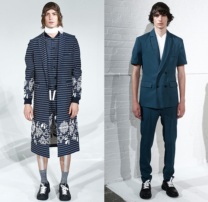 Kenneth Ning 2016 Spring Summer Mens Lookbook Presentation - New York Fashion Week Mens - Denim Jeans Outerwear Trench Coat Parka Suit Double-Breasted Pants Trousers Vest Waistcoat Camouflage Jungle Military Necktie Stripes Blazershirt Shorts Head Wrap Mesh Lace Sleeveless