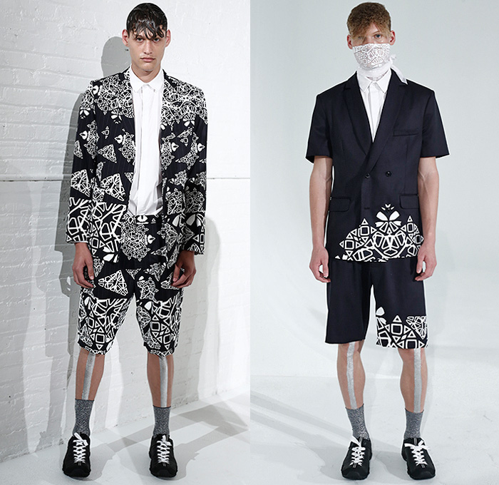 Kenneth Ning 2016 Spring Summer Mens Lookbook Presentation - New York Fashion Week Mens - Denim Jeans Outerwear Trench Coat Parka Suit Double-Breasted Pants Trousers Vest Waistcoat Camouflage Jungle Military Necktie Stripes Blazershirt Shorts Head Wrap Mesh Lace Sleeveless