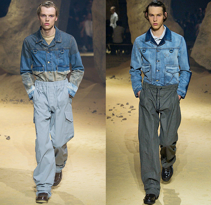 KENZO 2016 Spring Summer Mens Runway Catwalk Looks - Mode à Paris Fashion Week Mode Masculine France - Patchwork Denim Jeans Cargo Pockets Elastic Hem Slouchy Loose Baggy Wide Leg Ombre Drawstring Outerwear Coat Knit Sweater Jumper Blazer Jacket Parachute Cord D-Ring Onesie Jumpsuit Flight Boiler Suit Salopette Coveralls Bag Knapsack Pointed Spikes Crinkles Backpack Shorts