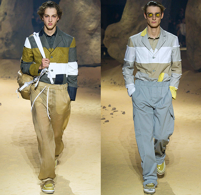 KENZO 2016 Spring Summer Mens Runway Catwalk Looks - Mode à Paris Fashion Week Mode Masculine France - Patchwork Denim Jeans Cargo Pockets Elastic Hem Slouchy Loose Baggy Wide Leg Ombre Drawstring Outerwear Coat Knit Sweater Jumper Blazer Jacket Parachute Cord D-Ring Onesie Jumpsuit Flight Boiler Suit Salopette Coveralls Bag Knapsack Pointed Spikes Crinkles Backpack Shorts