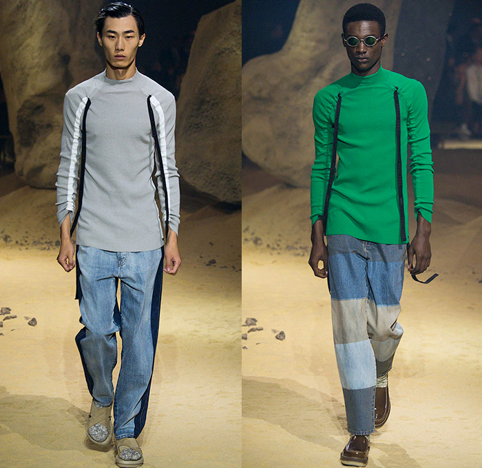 KENZO 2016 Spring Summer Mens Runway Catwalk Looks - Mode à Paris Fashion Week Mode Masculine France - Patchwork Denim Jeans Cargo Pockets Elastic Hem Slouchy Loose Baggy Wide Leg Ombre Drawstring Outerwear Coat Knit Sweater Jumper Blazer Jacket Parachute Cord D-Ring Onesie Jumpsuit Flight Boiler Suit Salopette Coveralls Bag Knapsack Pointed Spikes Crinkles Backpack Shorts