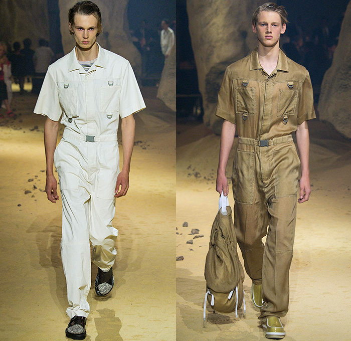 KENZO 2016 Spring Summer Mens Runway Catwalk Looks - Mode à Paris Fashion Week Mode Masculine France - Patchwork Denim Jeans Cargo Pockets Elastic Hem Slouchy Loose Baggy Wide Leg Ombre Drawstring Outerwear Coat Knit Sweater Jumper Blazer Jacket Parachute Cord D-Ring Onesie Jumpsuit Flight Boiler Suit Salopette Coveralls Bag Knapsack Pointed Spikes Crinkles Backpack Shorts