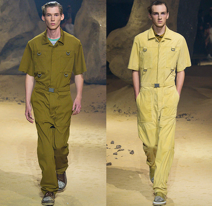 KENZO 2016 Spring Summer Mens Runway Catwalk Looks - Mode à Paris Fashion Week Mode Masculine France - Patchwork Denim Jeans Cargo Pockets Elastic Hem Slouchy Loose Baggy Wide Leg Ombre Drawstring Outerwear Coat Knit Sweater Jumper Blazer Jacket Parachute Cord D-Ring Onesie Jumpsuit Flight Boiler Suit Salopette Coveralls Bag Knapsack Pointed Spikes Crinkles Backpack Shorts