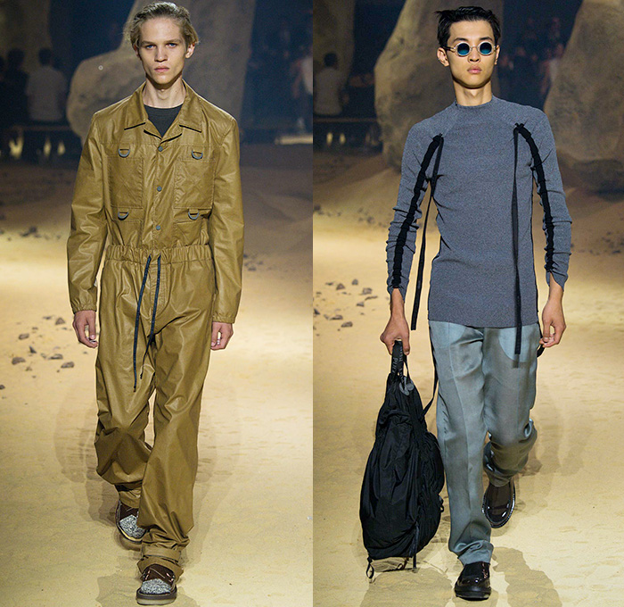 KENZO 2016 Spring Summer Mens Runway Catwalk Looks - Mode à Paris Fashion Week Mode Masculine France - Patchwork Denim Jeans Cargo Pockets Elastic Hem Slouchy Loose Baggy Wide Leg Ombre Drawstring Outerwear Coat Knit Sweater Jumper Blazer Jacket Parachute Cord D-Ring Onesie Jumpsuit Flight Boiler Suit Salopette Coveralls Bag Knapsack Pointed Spikes Crinkles Backpack Shorts