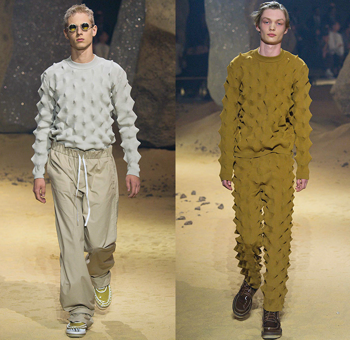 KENZO 2016 Spring Summer Mens Runway Catwalk Looks - Mode à Paris Fashion Week Mode Masculine France - Patchwork Denim Jeans Cargo Pockets Elastic Hem Slouchy Loose Baggy Wide Leg Ombre Drawstring Outerwear Coat Knit Sweater Jumper Blazer Jacket Parachute Cord D-Ring Onesie Jumpsuit Flight Boiler Suit Salopette Coveralls Bag Knapsack Pointed Spikes Crinkles Backpack Shorts