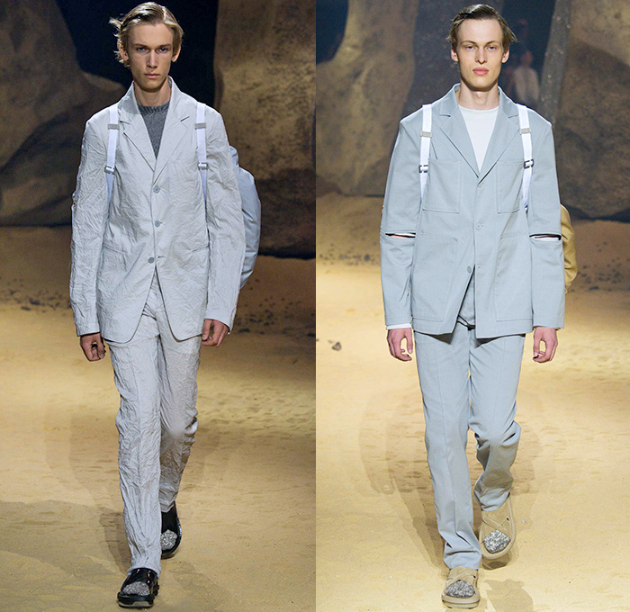 KENZO 2016 Spring Summer Mens Runway Catwalk Looks - Mode à Paris Fashion Week Mode Masculine France - Patchwork Denim Jeans Cargo Pockets Elastic Hem Slouchy Loose Baggy Wide Leg Ombre Drawstring Outerwear Coat Knit Sweater Jumper Blazer Jacket Parachute Cord D-Ring Onesie Jumpsuit Flight Boiler Suit Salopette Coveralls Bag Knapsack Pointed Spikes Crinkles Backpack Shorts