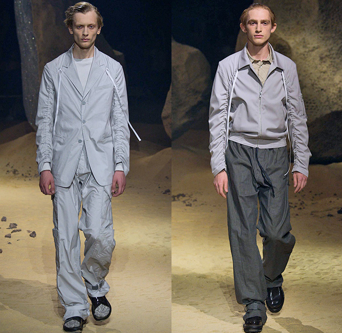 KENZO 2016 Spring Summer Mens Runway Catwalk Looks - Mode à Paris Fashion Week Mode Masculine France - Patchwork Denim Jeans Cargo Pockets Elastic Hem Slouchy Loose Baggy Wide Leg Ombre Drawstring Outerwear Coat Knit Sweater Jumper Blazer Jacket Parachute Cord D-Ring Onesie Jumpsuit Flight Boiler Suit Salopette Coveralls Bag Knapsack Pointed Spikes Crinkles Backpack Shorts