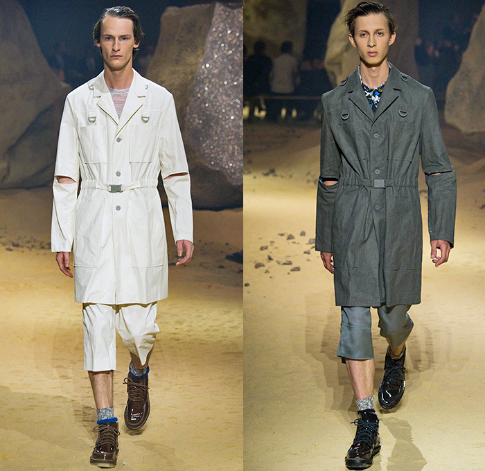 KENZO 2016 Spring Summer Mens Runway Catwalk Looks - Mode à Paris Fashion Week Mode Masculine France - Patchwork Denim Jeans Cargo Pockets Elastic Hem Slouchy Loose Baggy Wide Leg Ombre Drawstring Outerwear Coat Knit Sweater Jumper Blazer Jacket Parachute Cord D-Ring Onesie Jumpsuit Flight Boiler Suit Salopette Coveralls Bag Knapsack Pointed Spikes Crinkles Backpack Shorts