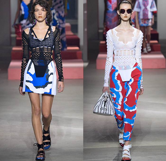 KENZO 2016 Spring Summer Womens Runway Catwalk Looks - Mode à Paris Fashion Week Mode Féminin France - Fanny Pack Waist Pouch Belt Bag Mix Match Patterns Noodle Spaghetti Strap Crop Top Midriff Halter Top Angular Hem Skirt Frock Embroidery Lace Up Dress Gladiator Sandals Mesh Net Perforated Lasercut Wide Leg Trousers Palazzo Pants Miniskirt Wrap Kiimono Pockets Necklace Ruffles Jacquard Knit Vest Waistcoat Blouse