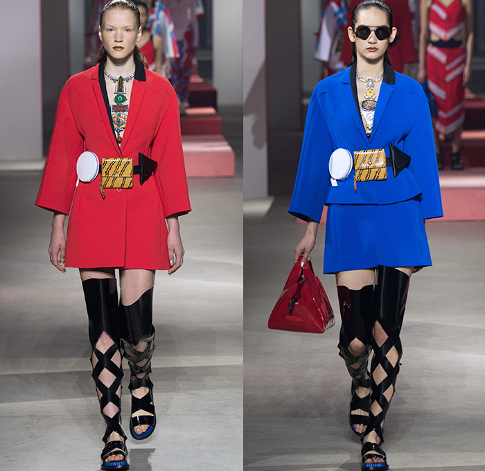 KENZO 2016 Spring Summer Womens Runway Catwalk Looks - Mode à Paris Fashion Week Mode Féminin France - Fanny Pack Waist Pouch Belt Bag Mix Match Patterns Noodle Spaghetti Strap Crop Top Midriff Halter Top Angular Hem Skirt Frock Embroidery Lace Up Dress Gladiator Sandals Mesh Net Perforated Lasercut Wide Leg Trousers Palazzo Pants Miniskirt Wrap Kiimono Pockets Necklace Ruffles Jacquard Knit Vest Waistcoat Blouse