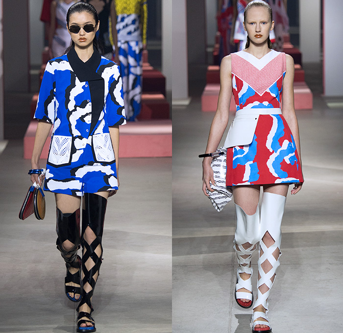 KENZO 2016 Spring Summer Womens Runway Catwalk Looks - Mode à Paris Fashion Week Mode Féminin France - Fanny Pack Waist Pouch Belt Bag Mix Match Patterns Noodle Spaghetti Strap Crop Top Midriff Halter Top Angular Hem Skirt Frock Embroidery Lace Up Dress Gladiator Sandals Mesh Net Perforated Lasercut Wide Leg Trousers Palazzo Pants Miniskirt Wrap Kiimono Pockets Necklace Ruffles Jacquard Knit Vest Waistcoat Blouse