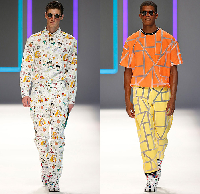 Krizia Robustella 2016 Spring Summer Mens Runway Catwalk Looks - 080 Barcelona Fashion Catalonia Catalan Spain - After Sun Geometric Sporty Streetwear Shirtdress Popover Transparent Pop Art Knit Drawings Illustration Outerwear Cocktail Objects Faces Long Sleeve Shirt Pants Trousers Shorts Slippers Reebok Classic High Tops Backpack Sunglasses