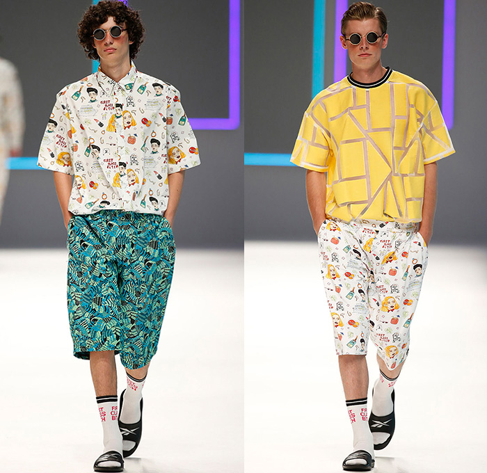 Krizia Robustella 2016 Spring Summer Mens Runway Catwalk Looks - 080 Barcelona Fashion Catalonia Catalan Spain - After Sun Geometric Sporty Streetwear Shirtdress Popover Transparent Pop Art Knit Drawings Illustration Outerwear Cocktail Objects Faces Long Sleeve Shirt Pants Trousers Shorts Slippers Reebok Classic High Tops Backpack Sunglasses