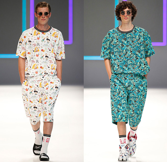 Krizia Robustella 2016 Spring Summer Mens Runway Catwalk Looks - 080 Barcelona Fashion Catalonia Catalan Spain - After Sun Geometric Sporty Streetwear Shirtdress Popover Transparent Pop Art Knit Drawings Illustration Outerwear Cocktail Objects Faces Long Sleeve Shirt Pants Trousers Shorts Slippers Reebok Classic High Tops Backpack Sunglasses