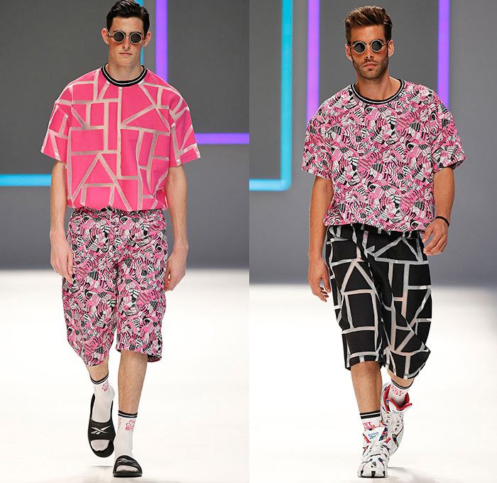 Krizia Robustella 2016 Spring Summer Mens Runway Catwalk Looks - 080 Barcelona Fashion Catalonia Catalan Spain - After Sun Geometric Sporty Streetwear Shirtdress Popover Transparent Pop Art Knit Drawings Illustration Outerwear Cocktail Objects Faces Long Sleeve Shirt Pants Trousers Shorts Slippers Reebok Classic High Tops Backpack Sunglasses