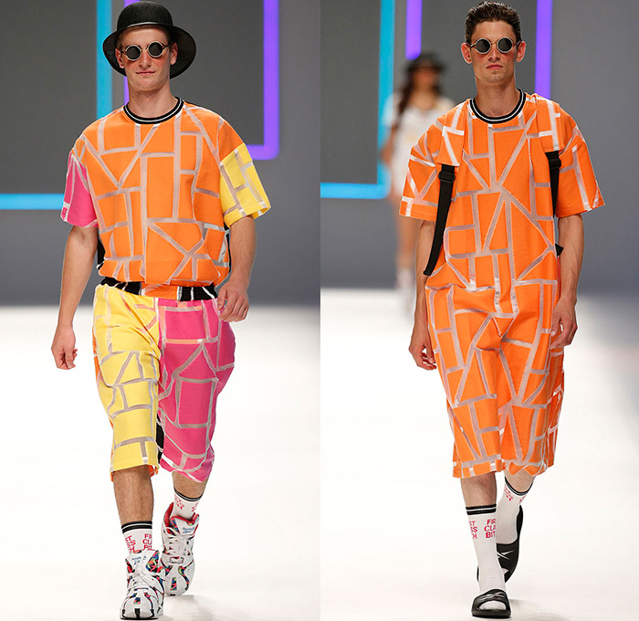 Krizia Robustella 2016 Spring Summer Mens Runway Catwalk Looks - 080 Barcelona Fashion Catalonia Catalan Spain - After Sun Geometric Sporty Streetwear Shirtdress Popover Transparent Pop Art Knit Drawings Illustration Outerwear Cocktail Objects Faces Long Sleeve Shirt Pants Trousers Shorts Slippers Reebok Classic High Tops Backpack Sunglasses