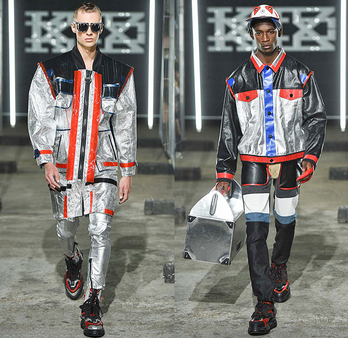 KTZ by Marjan Pejoski 2016 Spring Summer Mens Runway Catwalk Looks - London Collections: Men British Fashion Council UK United Kingdom - Brown Paper Newsprint Motocross MX Biker Leather Rubber Aluminum Electrical Tape Panels PVC Plastic Street Parachute Poncho Cape Cloak Coat Bomber Jacket Shorts Socks Sandals Gloves Helmet Metallic Zipper Cargo Pockets Tool Box Waistcoat Barcode Frayed Raw Hem Crinkles Mesh