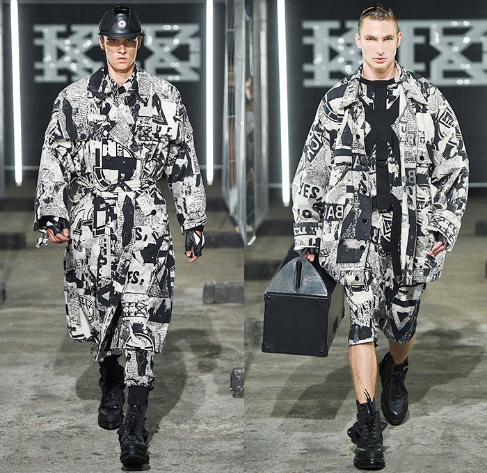 KTZ by Marjan Pejoski 2016 Spring Summer Mens Runway Catwalk Looks - London Collections: Men British Fashion Council UK United Kingdom - Brown Paper Newsprint Motocross MX Biker Leather Rubber Aluminum Electrical Tape Panels PVC Plastic Street Parachute Poncho Cape Cloak Coat Bomber Jacket Shorts Socks Sandals Gloves Helmet Metallic Zipper Cargo Pockets Tool Box Waistcoat Barcode Frayed Raw Hem Crinkles Mesh