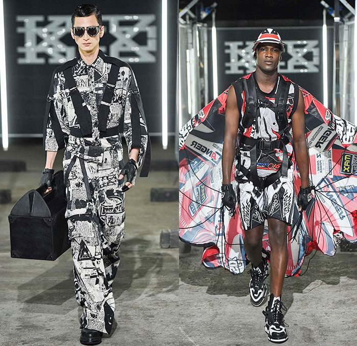 KTZ by Marjan Pejoski 2016 Spring Summer Mens Runway Catwalk Looks - London Collections: Men British Fashion Council UK United Kingdom - Brown Paper Newsprint Motocross MX Biker Leather Rubber Aluminum Electrical Tape Panels PVC Plastic Street Parachute Poncho Cape Cloak Coat Bomber Jacket Shorts Socks Sandals Gloves Helmet Metallic Zipper Cargo Pockets Tool Box Waistcoat Barcode Frayed Raw Hem Crinkles Mesh