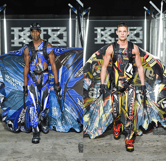 KTZ by Marjan Pejoski 2016 Spring Summer Mens Runway Catwalk Looks - London Collections: Men British Fashion Council UK United Kingdom - Brown Paper Newsprint Motocross MX Biker Leather Rubber Aluminum Electrical Tape Panels PVC Plastic Street Parachute Poncho Cape Cloak Coat Bomber Jacket Shorts Socks Sandals Gloves Helmet Metallic Zipper Cargo Pockets Tool Box Waistcoat Barcode Frayed Raw Hem Crinkles Mesh