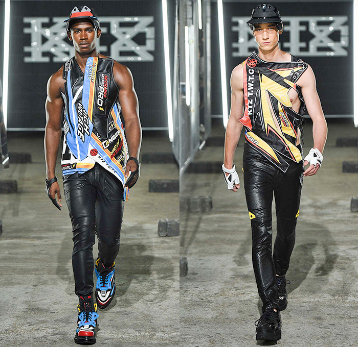 KTZ by Marjan Pejoski 2016 Spring Summer Mens Runway Catwalk Looks - London Collections: Men British Fashion Council UK United Kingdom - Brown Paper Newsprint Motocross MX Biker Leather Rubber Aluminum Electrical Tape Panels PVC Plastic Street Parachute Poncho Cape Cloak Coat Bomber Jacket Shorts Socks Sandals Gloves Helmet Metallic Zipper Cargo Pockets Tool Box Waistcoat Barcode Frayed Raw Hem Crinkles Mesh