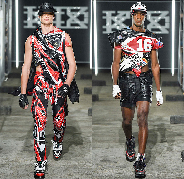 KTZ by Marjan Pejoski 2016 Spring Summer Mens Runway Catwalk Looks - London Collections: Men British Fashion Council UK United Kingdom - Brown Paper Newsprint Motocross MX Biker Leather Rubber Aluminum Electrical Tape Panels PVC Plastic Street Parachute Poncho Cape Cloak Coat Bomber Jacket Shorts Socks Sandals Gloves Helmet Metallic Zipper Cargo Pockets Tool Box Waistcoat Barcode Frayed Raw Hem Crinkles Mesh