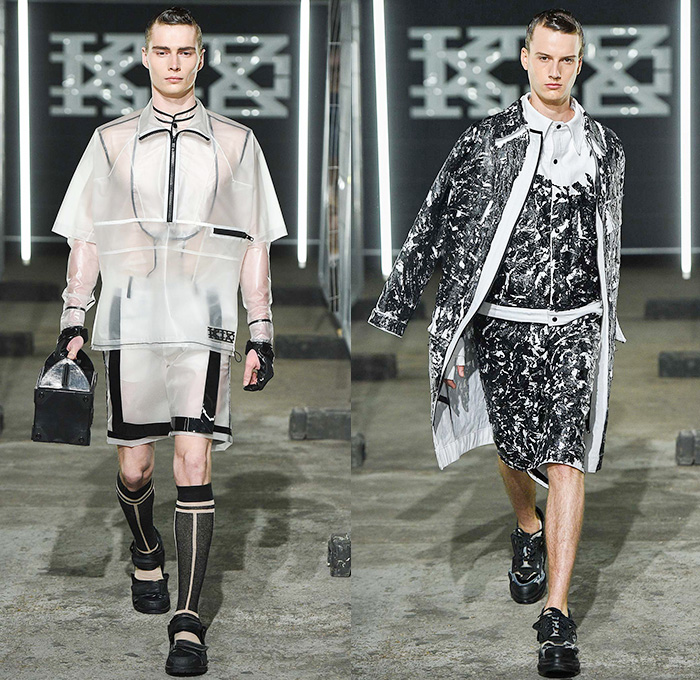 KTZ by Marjan Pejoski 2016 Spring Summer Mens Runway Catwalk Looks - London Collections: Men British Fashion Council UK United Kingdom - Brown Paper Newsprint Motocross MX Biker Leather Rubber Aluminum Electrical Tape Panels PVC Plastic Street Parachute Poncho Cape Cloak Coat Bomber Jacket Shorts Socks Sandals Gloves Helmet Metallic Zipper Cargo Pockets Tool Box Waistcoat Barcode Frayed Raw Hem Crinkles Mesh