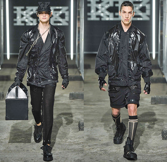 KTZ by Marjan Pejoski 2016 Spring Summer Mens Runway Catwalk Looks - London Collections: Men British Fashion Council UK United Kingdom - Brown Paper Newsprint Motocross MX Biker Leather Rubber Aluminum Electrical Tape Panels PVC Plastic Street Parachute Poncho Cape Cloak Coat Bomber Jacket Shorts Socks Sandals Gloves Helmet Metallic Zipper Cargo Pockets Tool Box Waistcoat Barcode Frayed Raw Hem Crinkles Mesh