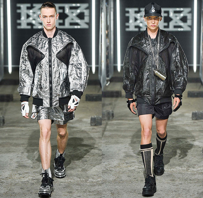 KTZ by Marjan Pejoski 2016 Spring Summer Mens Runway Catwalk Looks - London Collections: Men British Fashion Council UK United Kingdom - Brown Paper Newsprint Motocross MX Biker Leather Rubber Aluminum Electrical Tape Panels PVC Plastic Street Parachute Poncho Cape Cloak Coat Bomber Jacket Shorts Socks Sandals Gloves Helmet Metallic Zipper Cargo Pockets Tool Box Waistcoat Barcode Frayed Raw Hem Crinkles Mesh