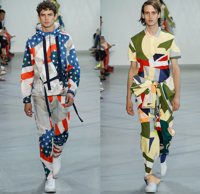 Lacoste 2016 Spring Summer Mens Runway Catwalk Looks - New York Fashion Week - Olympic Flags American USA Flag Straps Pants Trousers Nylon Anorak Windbreaker Hoodie Geometric Polo Shirt Tie Up Sweater Jumper Numbers Tank Top Sleeveless Outerwear Trench Coat Metallic Silver Cargo Pockets