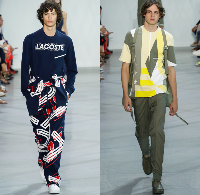 Lacoste 2016 Spring Summer Mens Runway Catwalk Looks - New York Fashion Week - Olympic Flags American USA Flag Straps Pants Trousers Nylon Anorak Windbreaker Hoodie Geometric Polo Shirt Tie Up Sweater Jumper Numbers Tank Top Sleeveless Outerwear Trench Coat Metallic Silver Cargo Pockets