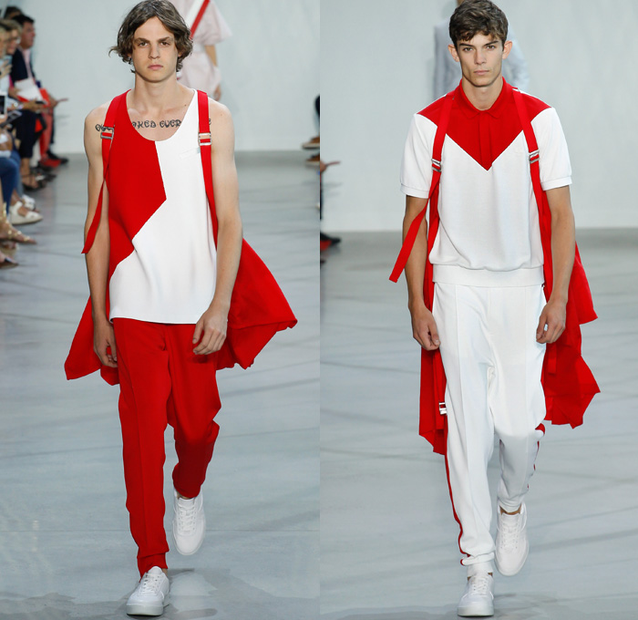 Lacoste 2016 Spring Summer Mens Runway Catwalk Looks - New York Fashion Week - Olympic Flags American USA Flag Straps Pants Trousers Nylon Anorak Windbreaker Hoodie Geometric Polo Shirt Tie Up Sweater Jumper Numbers Tank Top Sleeveless Outerwear Trench Coat Metallic Silver Cargo Pockets