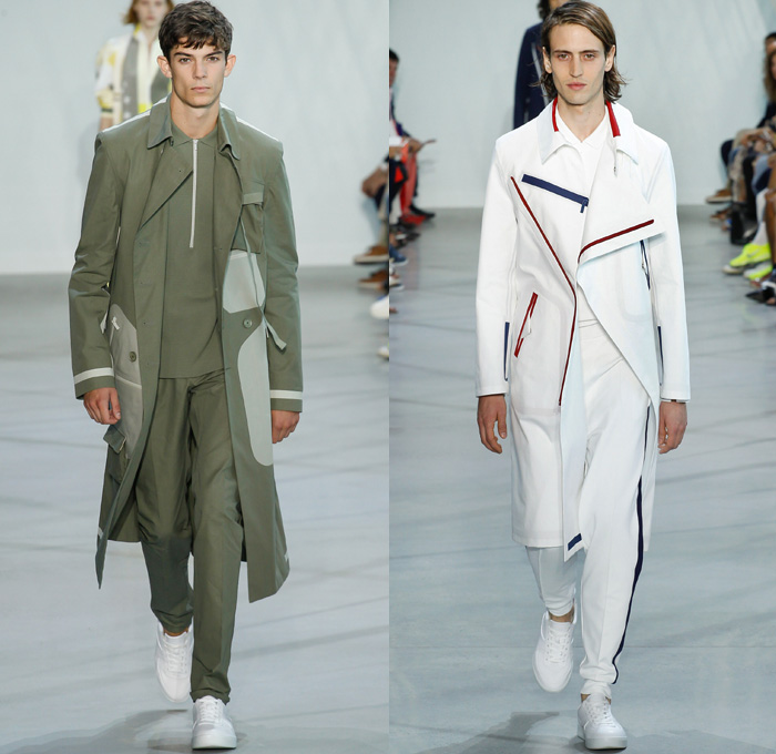 Lacoste 2016 Spring Summer Mens Runway Catwalk Looks - New York Fashion Week - Olympic Flags American USA Flag Straps Pants Trousers Nylon Anorak Windbreaker Hoodie Geometric Polo Shirt Tie Up Sweater Jumper Numbers Tank Top Sleeveless Outerwear Trench Coat Metallic Silver Cargo Pockets