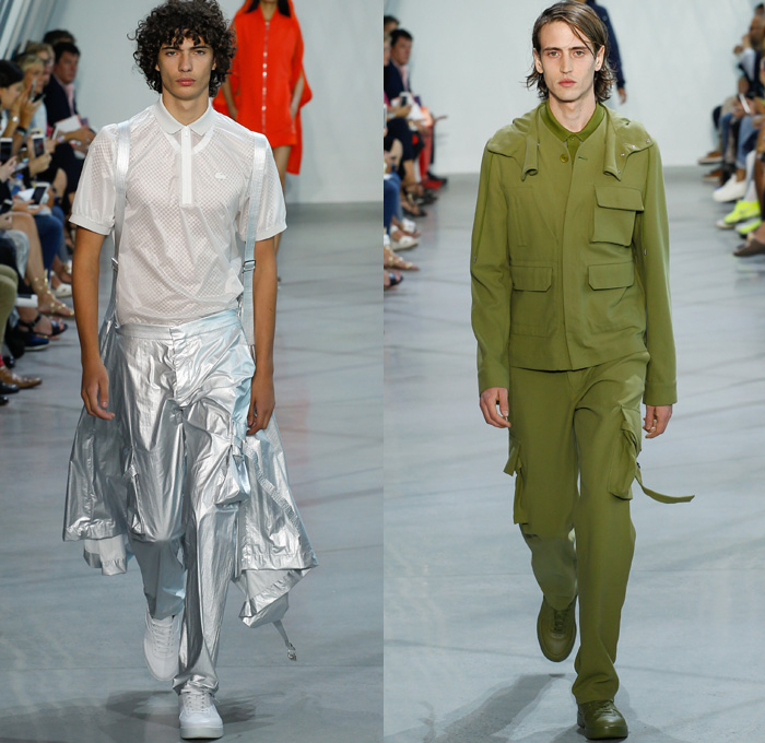 Lacoste 2016 Spring Summer Mens Runway Catwalk Looks - New York Fashion Week - Olympic Flags American USA Flag Straps Pants Trousers Nylon Anorak Windbreaker Hoodie Geometric Polo Shirt Tie Up Sweater Jumper Numbers Tank Top Sleeveless Outerwear Trench Coat Metallic Silver Cargo Pockets