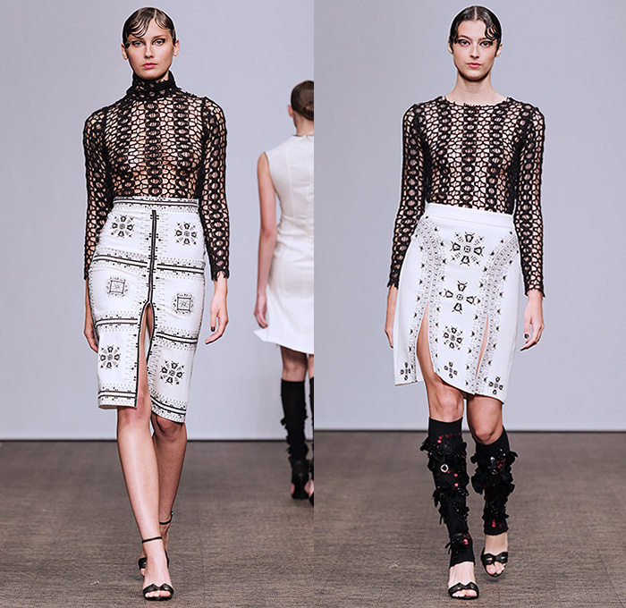 Lamija Suljevic 2016 Spring Summer Womens Runway Catwalk Looks - Fashion Week Stockholm Sweden - Fusions Of Life Neoprene Mesh Fishnet Perforated Lasercut Cutout Frock Pencil Skirt Knit Sweater Jumper Turtleneck Leg Warmers Embroidery Outerwear Coat Coatdress Lace Up Halter Top Blazer Pantsuit