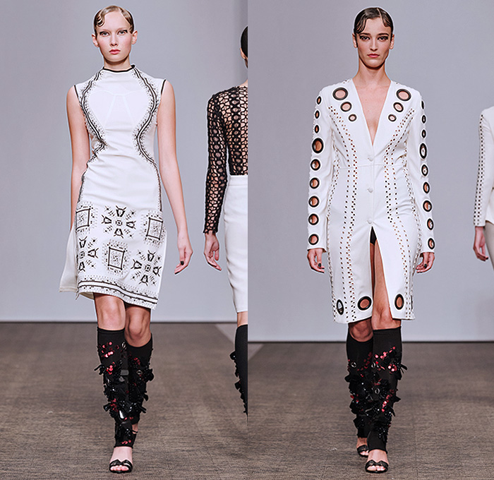 Lamija Suljevic 2016 Spring Summer Womens Runway Catwalk Looks - Fashion Week Stockholm Sweden - Fusions Of Life Neoprene Mesh Fishnet Perforated Lasercut Cutout Frock Pencil Skirt Knit Sweater Jumper Turtleneck Leg Warmers Embroidery Outerwear Coat Coatdress Lace Up Halter Top Blazer Pantsuit