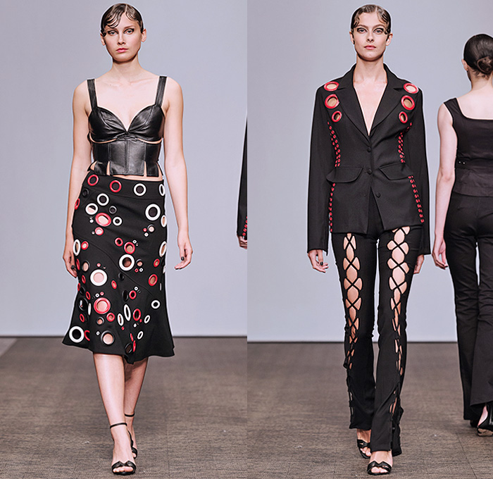 Lamija Suljevic 2016 Spring Summer Womens Runway Catwalk Looks - Fashion Week Stockholm Sweden - Fusions Of Life Neoprene Mesh Fishnet Perforated Lasercut Cutout Frock Pencil Skirt Knit Sweater Jumper Turtleneck Leg Warmers Embroidery Outerwear Coat Coatdress Lace Up Halter Top Blazer Pantsuit