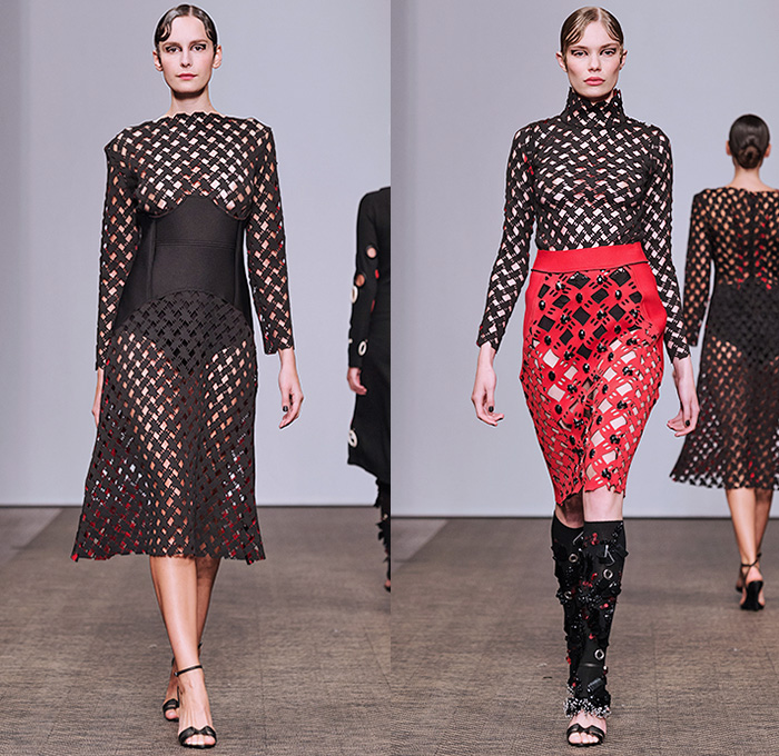 Lamija Suljevic 2016 Spring Summer Womens Runway Catwalk Looks - Fashion Week Stockholm Sweden - Fusions Of Life Neoprene Mesh Fishnet Perforated Lasercut Cutout Frock Pencil Skirt Knit Sweater Jumper Turtleneck Leg Warmers Embroidery Outerwear Coat Coatdress Lace Up Halter Top Blazer Pantsuit