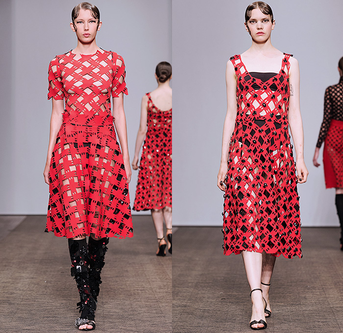 Lamija Suljevic 2016 Spring Summer Womens Runway Catwalk Looks - Fashion Week Stockholm Sweden - Fusions Of Life Neoprene Mesh Fishnet Perforated Lasercut Cutout Frock Pencil Skirt Knit Sweater Jumper Turtleneck Leg Warmers Embroidery Outerwear Coat Coatdress Lace Up Halter Top Blazer Pantsuit