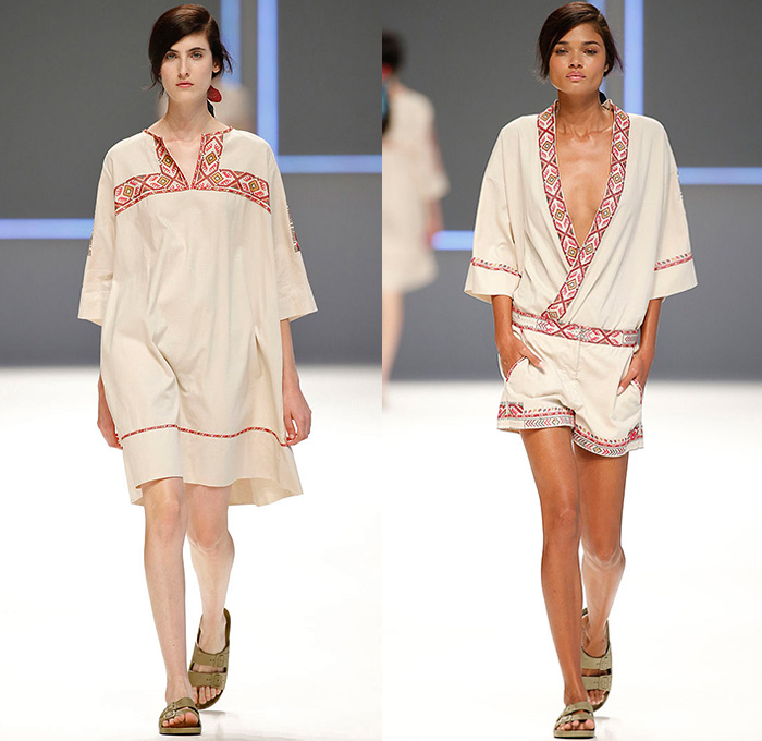 Lebor Gabala 2016 Spring Summer Womens Runway Catwalk Looks Designer Maite Muñoz Roy - 080 Barcelona Fashion Catalonia Catalan Spain - Urban Folk Poplin Sarong Skirt Frock Kimono Wrap Flowers Floral Botanical Motif Ornamental Print Decorative Art Tribal Ethnic Shirtdress Popover Shorts Sandals Blouse Geometric Silk Knit Sweater Hotpants Pants Trousers Crop Top Midriff Bandeau Blazer Pantsuit