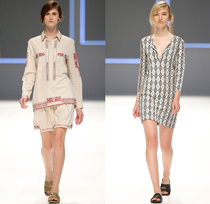 Lebor Gabala 2016 Spring Summer Womens Runway Catwalk Looks Designer Maite Muñoz Roy - 080 Barcelona Fashion Catalonia Catalan Spain - Urban Folk Poplin Sarong Skirt Frock Kimono Wrap Flowers Floral Botanical Motif Ornamental Print Decorative Art Tribal Ethnic Shirtdress Popover Shorts Sandals Blouse Geometric Silk Knit Sweater Hotpants Pants Trousers Crop Top Midriff Bandeau Blazer Pantsuit