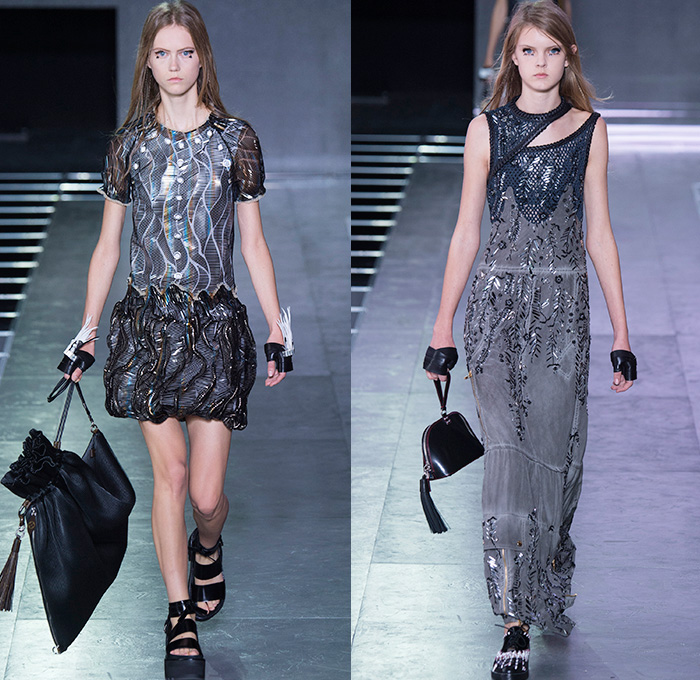 Louis Vuitton 2016 Spring Summer Womens Runway Catwalk Looks - Mode à Paris Fashion Week Mode Féminin France - Denim Jeans Anime Science Fiction Cyberpunk Motorcycle Biker Leather Grommets Metallic Ruffles Embroidery Bedazzled Sheer Chiffon Lace Mesh Net Lasercut Cutout Gown Eveningwear Maxi Dress Flowers Floral Sandals Coat Vest Waistcoat Crop Top Midriff Jumpsuit Coveralls Shorts Miniskirt Pinstripe Dress Bomber Spray Paint