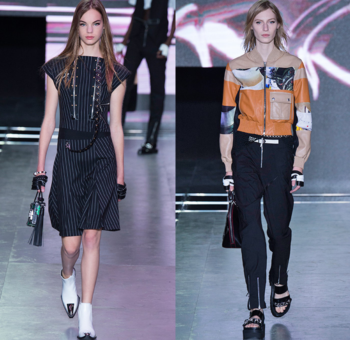 Louis Vuitton 2016 Spring Summer Womens Runway Catwalk Looks - Mode à Paris Fashion Week Mode Féminin France - Denim Jeans Anime Science Fiction Cyberpunk Motorcycle Biker Leather Grommets Metallic Ruffles Embroidery Bedazzled Sheer Chiffon Lace Mesh Net Lasercut Cutout Gown Eveningwear Maxi Dress Flowers Floral Sandals Coat Vest Waistcoat Crop Top Midriff Jumpsuit Coveralls Shorts Miniskirt Pinstripe Dress Bomber Spray Paint