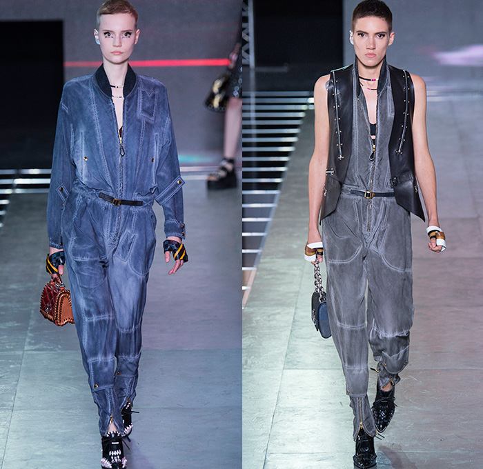 Louis Vuitton 2016 Spring Summer Womens Runway Catwalk Looks - Mode à Paris Fashion Week Mode Féminin France - Denim Jeans Anime Science Fiction Cyberpunk Motorcycle Biker Leather Grommets Metallic Ruffles Embroidery Bedazzled Sheer Chiffon Lace Mesh Net Lasercut Cutout Gown Eveningwear Maxi Dress Flowers Floral Sandals Coat Vest Waistcoat Crop Top Midriff Jumpsuit Coveralls Shorts Miniskirt Pinstripe Dress Bomber Spray Paint