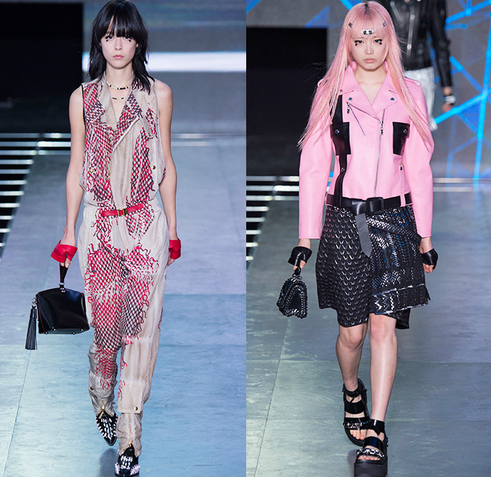 Louis Vuitton 2016 Spring Summer Womens Runway Catwalk Looks - Mode à Paris Fashion Week Mode Féminin France - Denim Jeans Anime Science Fiction Cyberpunk Motorcycle Biker Leather Grommets Metallic Ruffles Embroidery Bedazzled Sheer Chiffon Lace Mesh Net Lasercut Cutout Gown Eveningwear Maxi Dress Flowers Floral Sandals Coat Vest Waistcoat Crop Top Midriff Jumpsuit Coveralls Shorts Miniskirt Pinstripe Dress Bomber Spray Paint