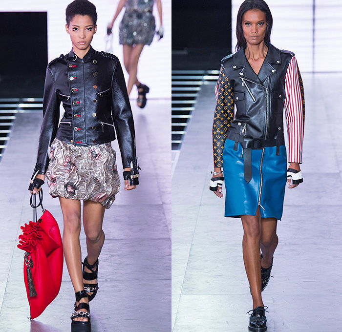 Louis Vuitton 2016 Spring Summer Womens Runway Catwalk Looks - Mode à Paris Fashion Week Mode Féminin France - Denim Jeans Anime Science Fiction Cyberpunk Motorcycle Biker Leather Grommets Metallic Ruffles Embroidery Bedazzled Sheer Chiffon Lace Mesh Net Lasercut Cutout Gown Eveningwear Maxi Dress Flowers Floral Sandals Coat Vest Waistcoat Crop Top Midriff Jumpsuit Coveralls Shorts Miniskirt Pinstripe Dress Bomber Spray Paint